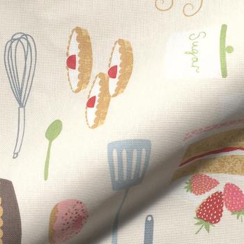 Preview: Dekostoff Halbpanama in Natur/Pink mit Cupcake, Donut, Stoff in ganzer Breite